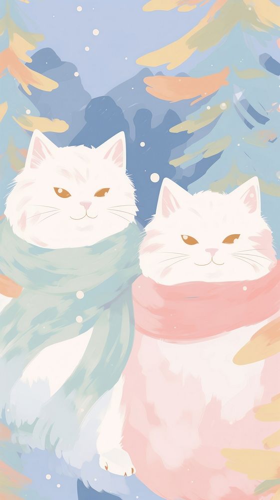 Cute anime winter cats art painting animal.