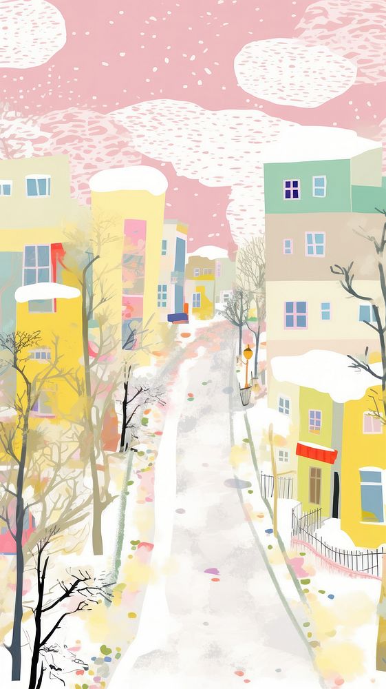 Japan anime winter city art neighborhood painting.