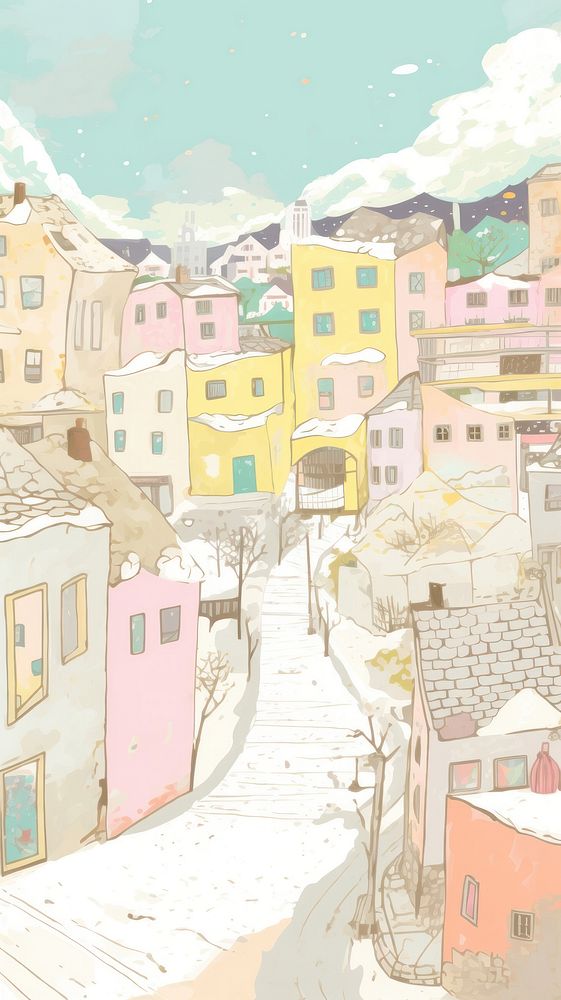 Japan anime winter city art neighborhood illustrated.