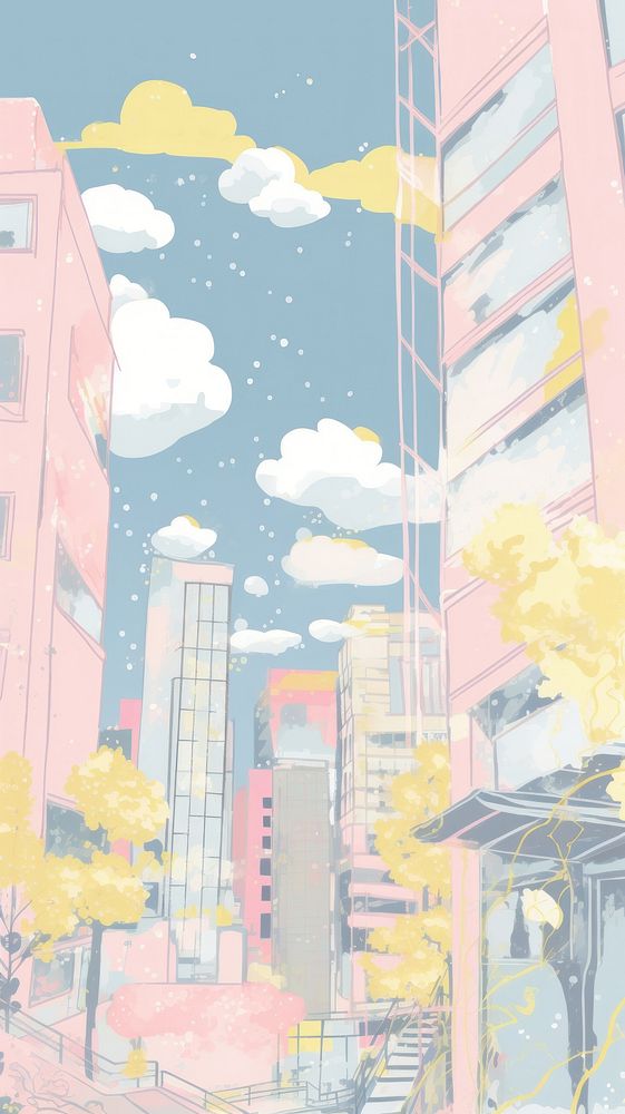 Japan anime winter building art painting outdoors.