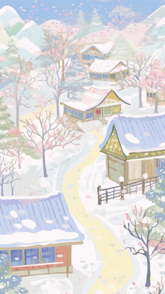 Japan anime winter village art architecture illustrated.