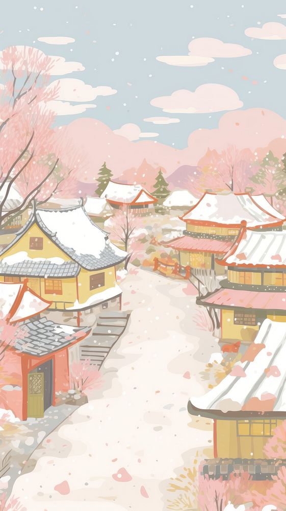 Japan anime winter village art painting outdoors.
