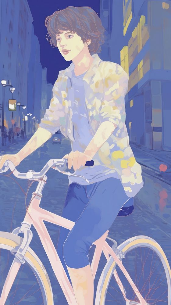 Japan anime boy cycling night style art transportation automobile.
