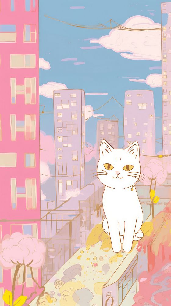 Japan anime cat in the city art cartoon animal.
