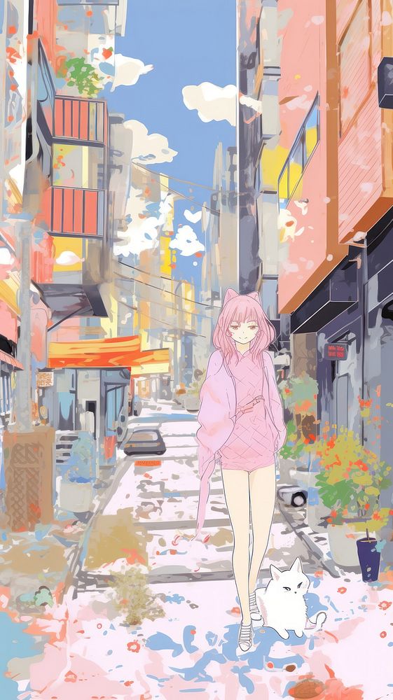 Japan anime cat in the city alleyway street person.