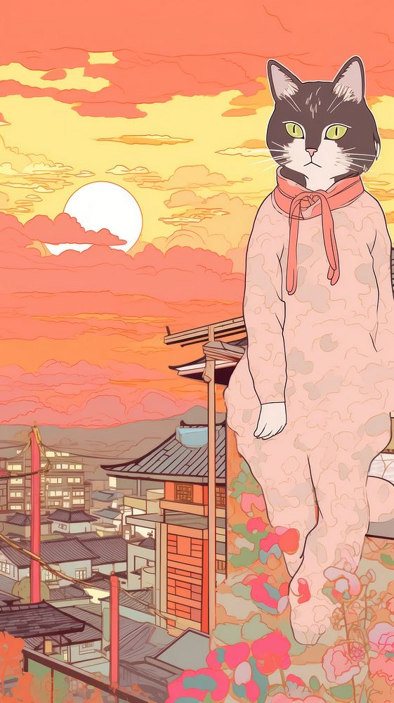 Japan anime cat on sunset view cartoon animal mammal.