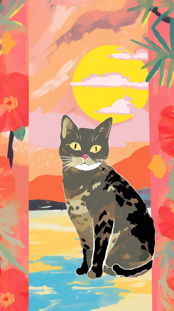 Japan anime cat on sunset view art painting animal.