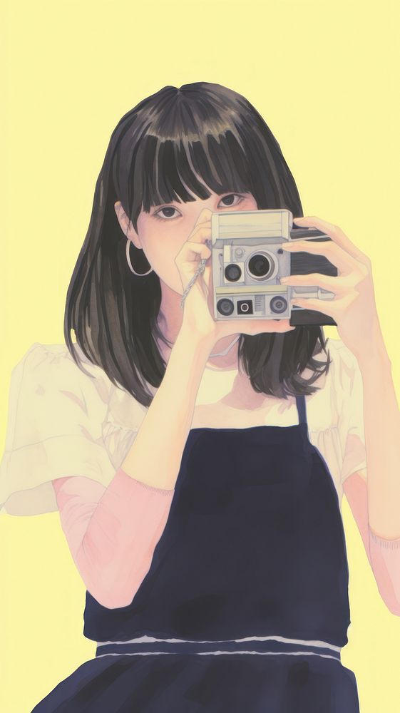 Japan anime girl holding polaroid camera photography publication electronics.