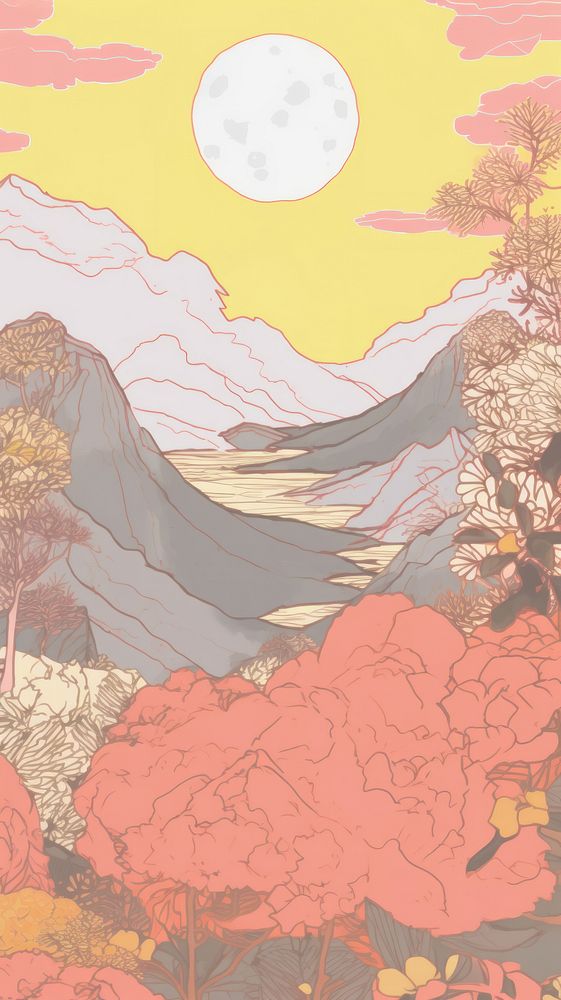 Japan anime mountain sunset art publication painting.