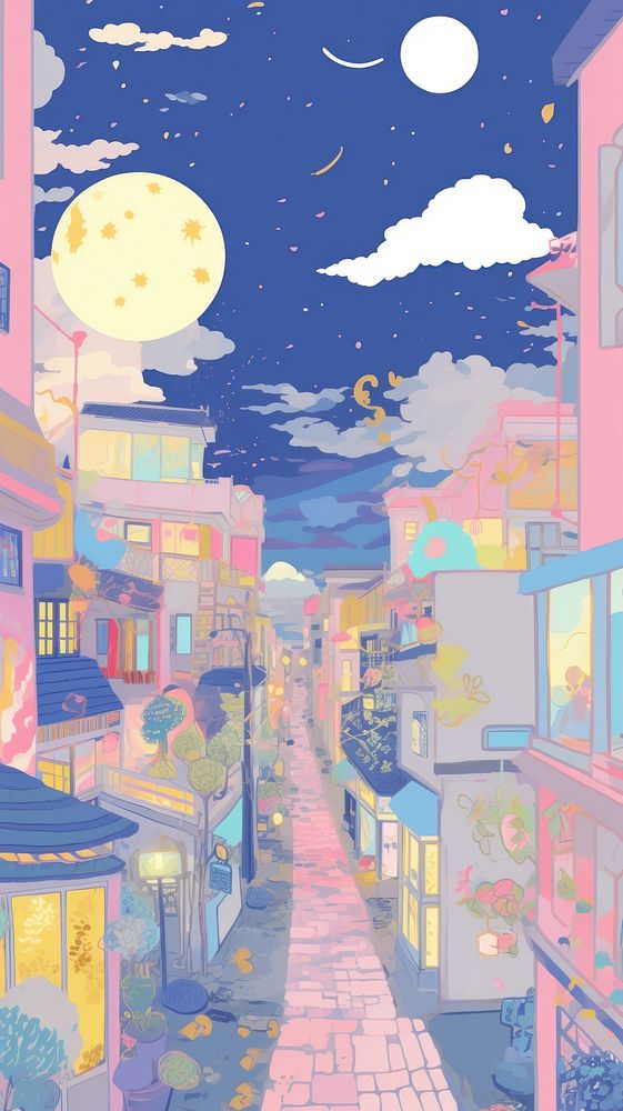 Japan anime night village art alleyway painting.