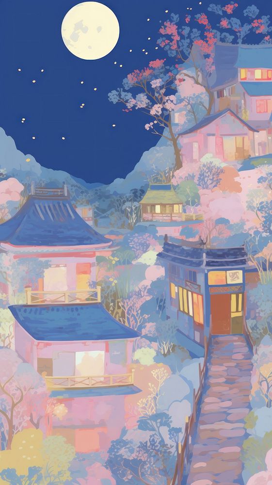 Japan anime night village art astronomy painting.