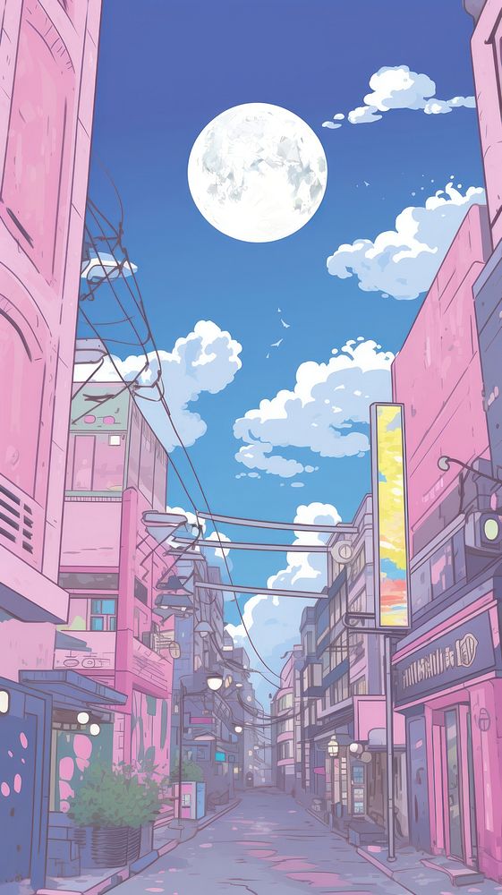 Japan anime night city neighborhood architecture astronomy.
