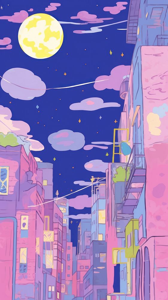 Japan anime night city art painting urban.