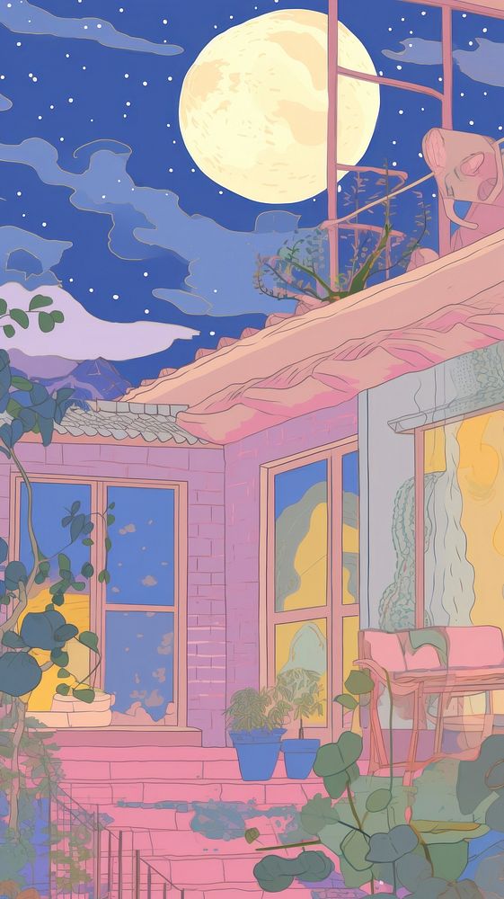 Japan anime night house art architecture painting.