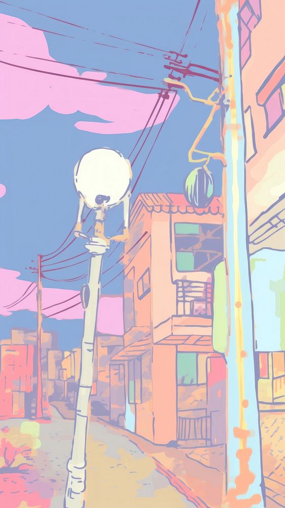 Japan anime night street light pole art painting alleyway.