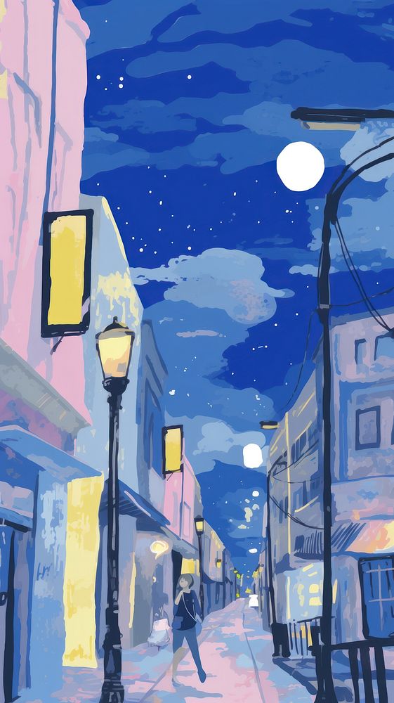 Japan anime night street light art neighborhood astronomy.