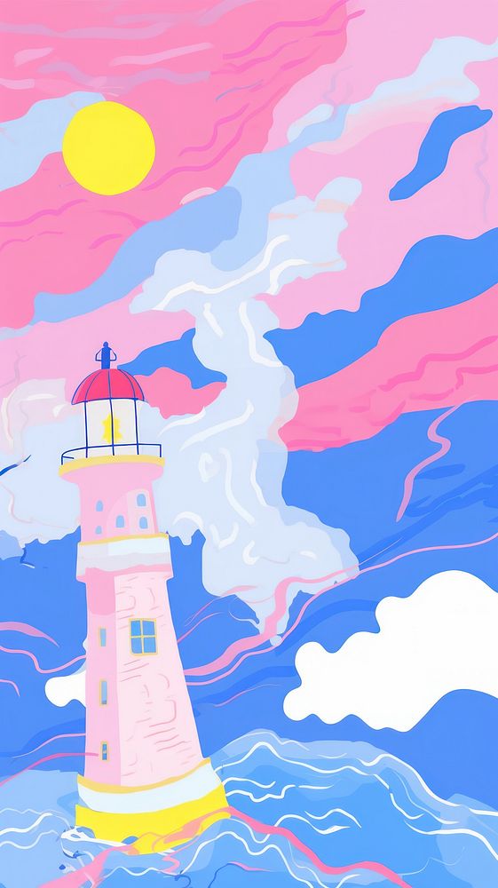 Japan anime pink blue lighthouse art architecture painting.