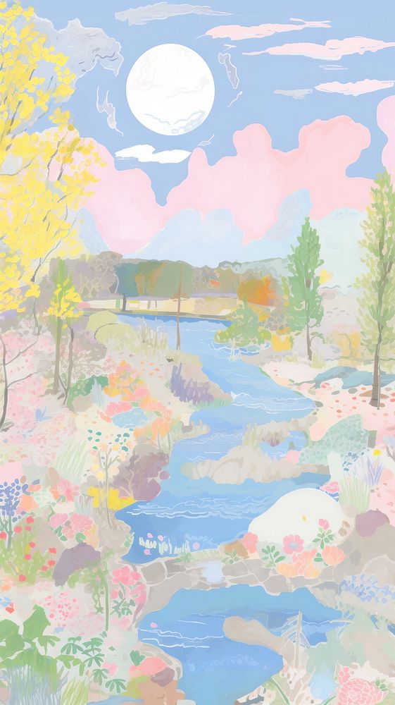 Japan anime pink blue river view art painting outdoors.