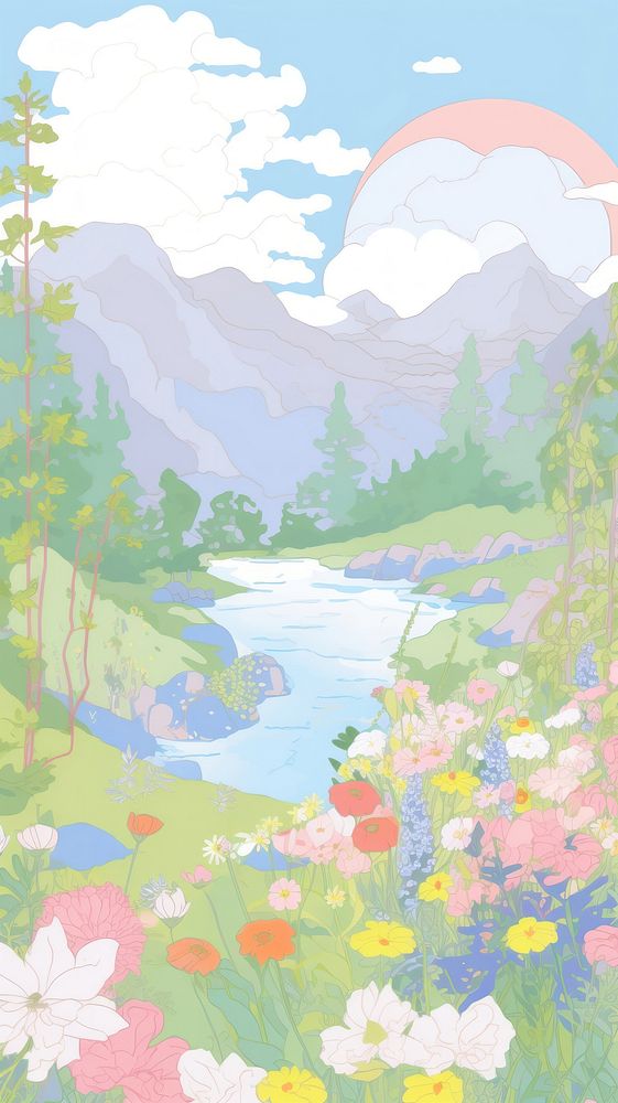 Japan anime summer meadow art vegetation painting.
