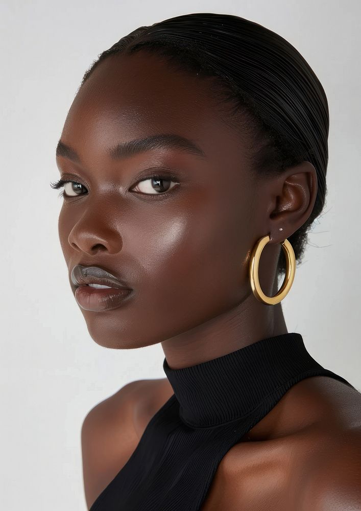 Gold hoop earrings photography woman face.