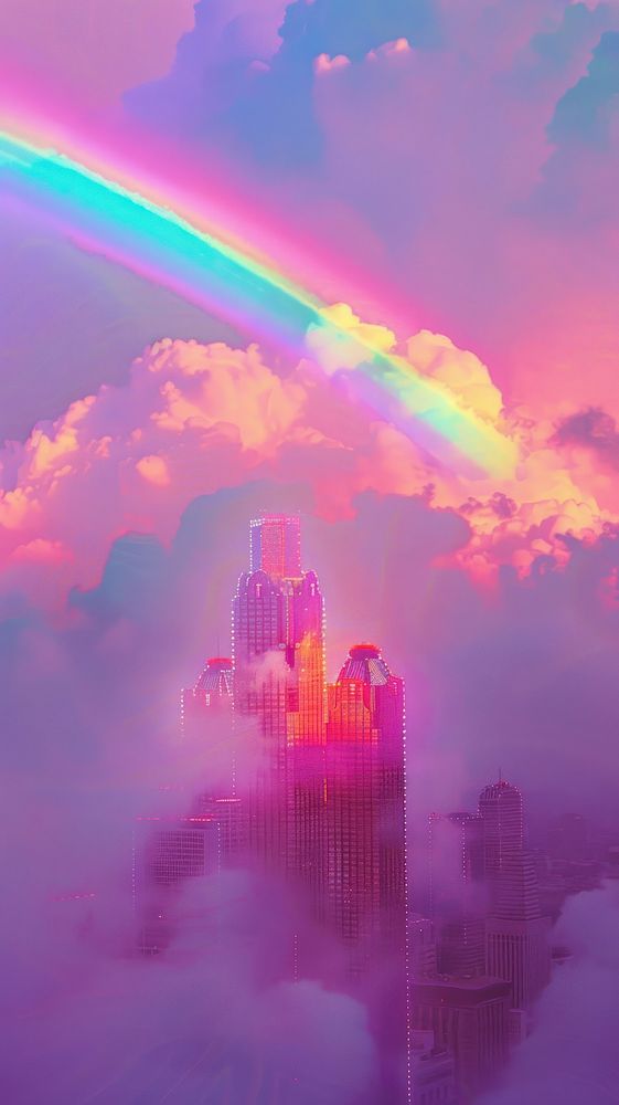 Aesthetic wallpaper rainbow sky architecture.