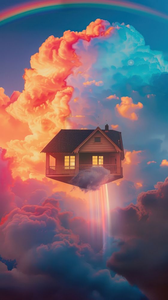 Aesthetic wallpaper rainbow cloud house.