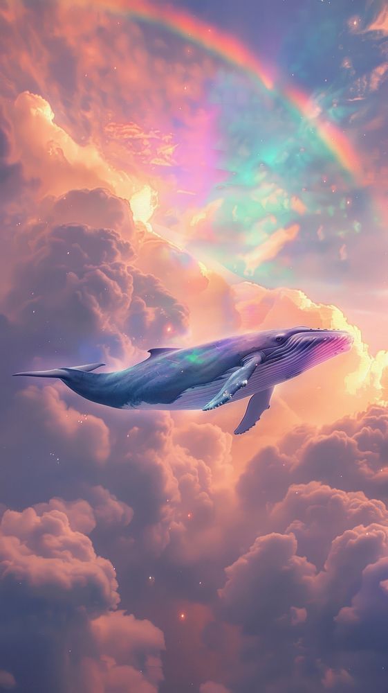 Aesthetic wallpaper rainbow whale sky.
