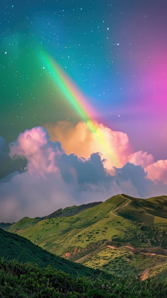 Aesthetic wallpaper rainbow sky vegetation.