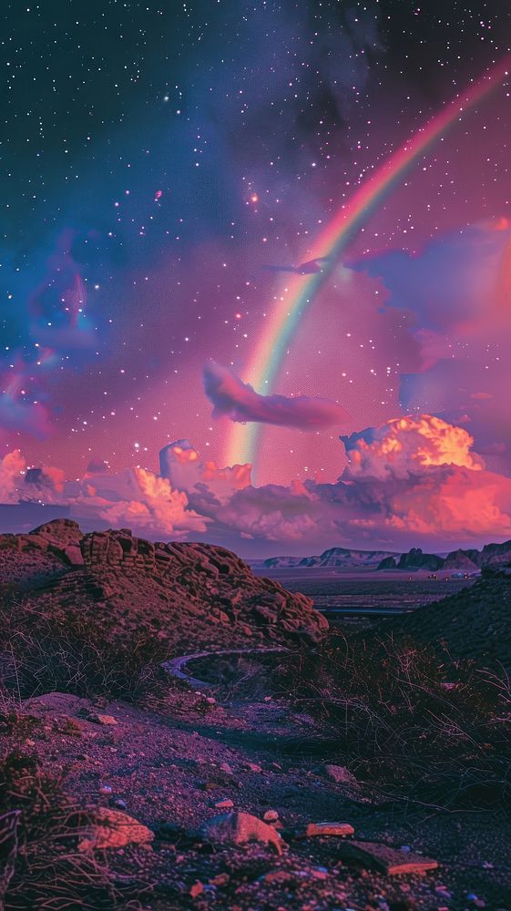Aesthetic wallpaper rainbow sky landscape.