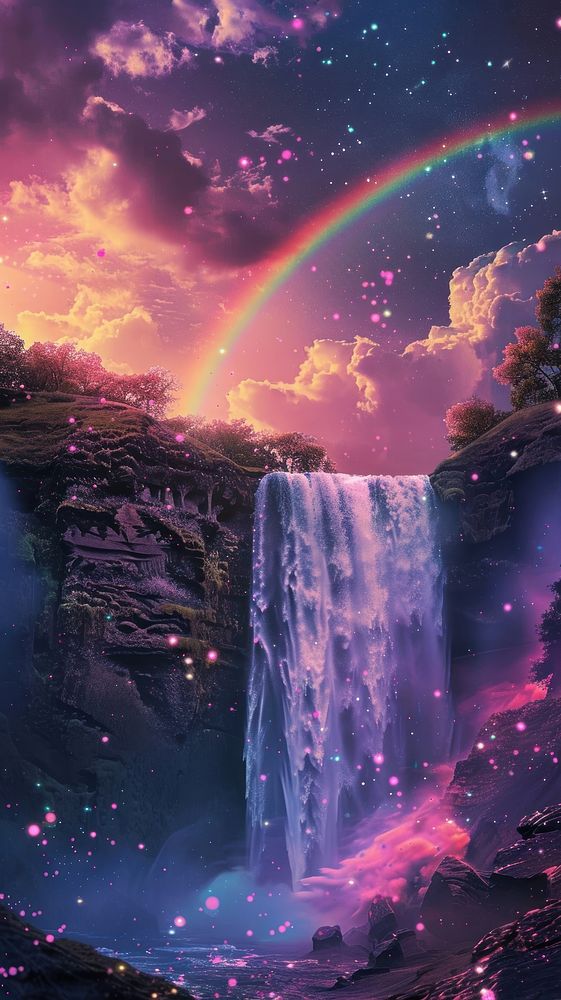 Aesthetic wallpaper waterfall rainbow sky.