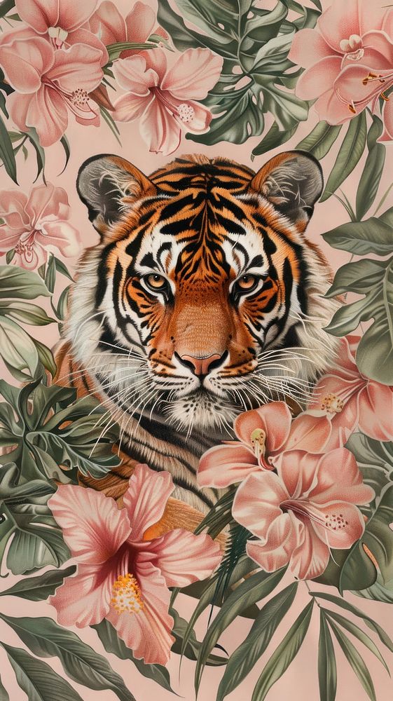 Wallpaper tiger flower graphics wildlife.