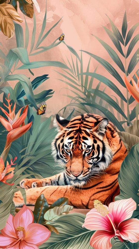Wallpaper tiger flower jungle vegetation.