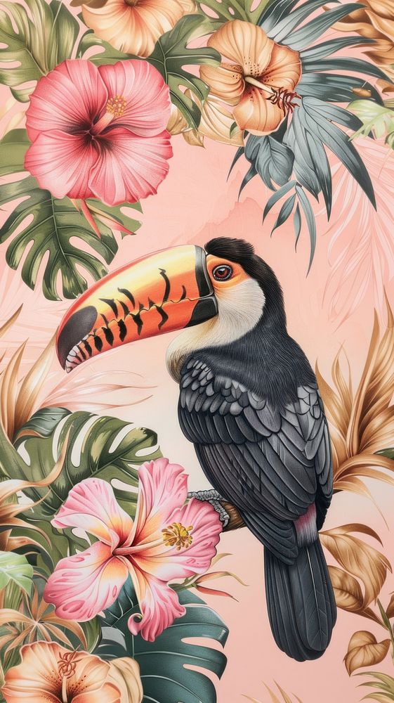 Wallpaper toucan flower blossom animal.