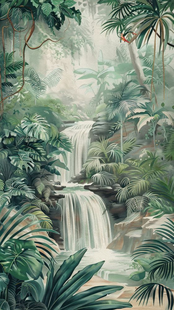 Wallpaper waterfall forest jungle rainforest vegetation.
