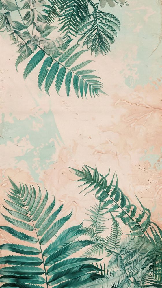Wallpaper fern leaves jungle vegetation painting.