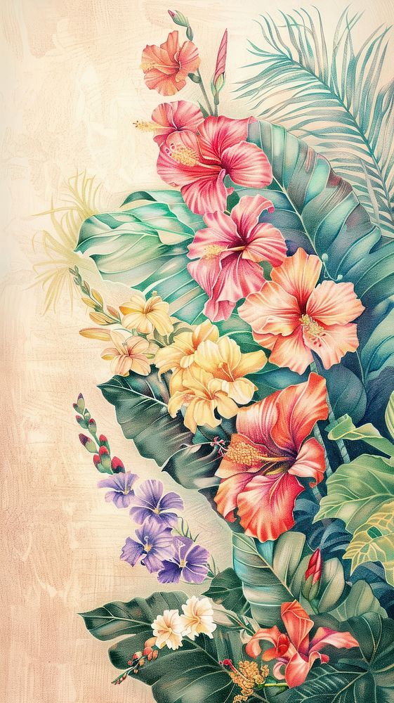 Wallpaper flower bushes graphics painting hibiscus.
