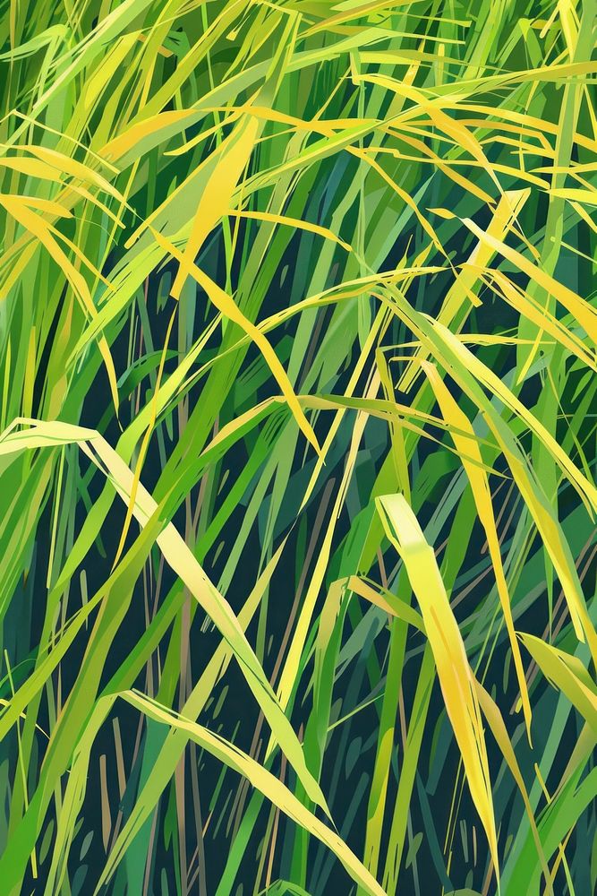 A flat illustration of green and yellow grass vegetation outdoors woodland.