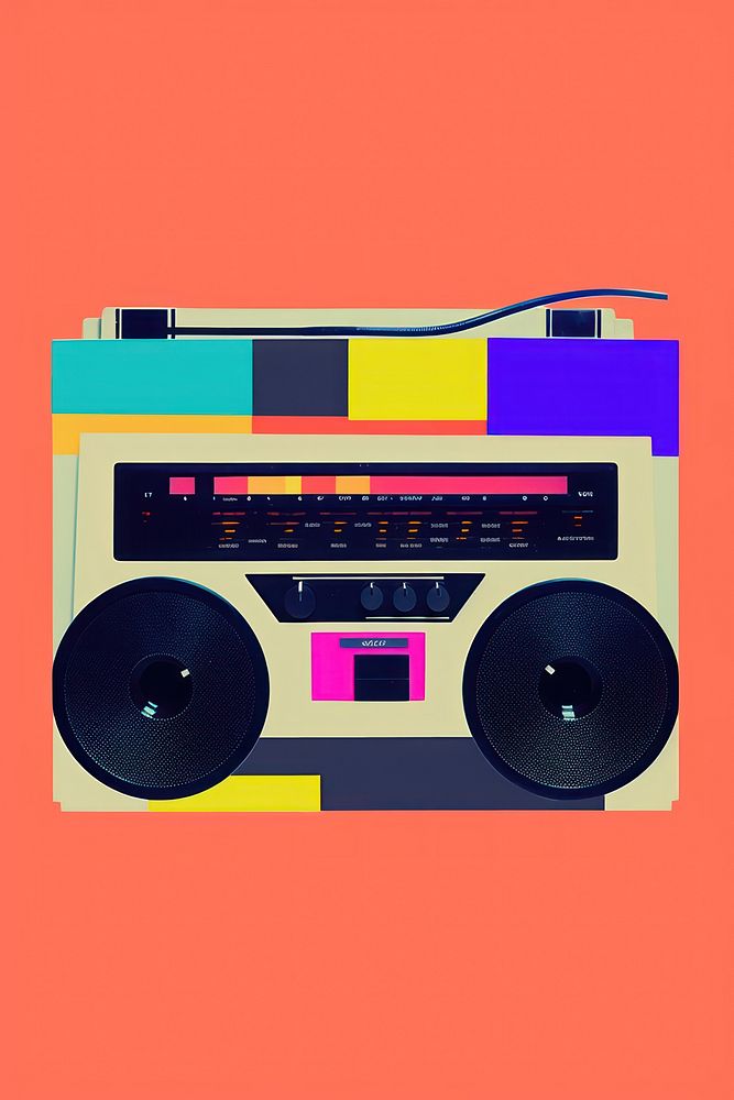 Retro collage of music electronics speaker cassette player.