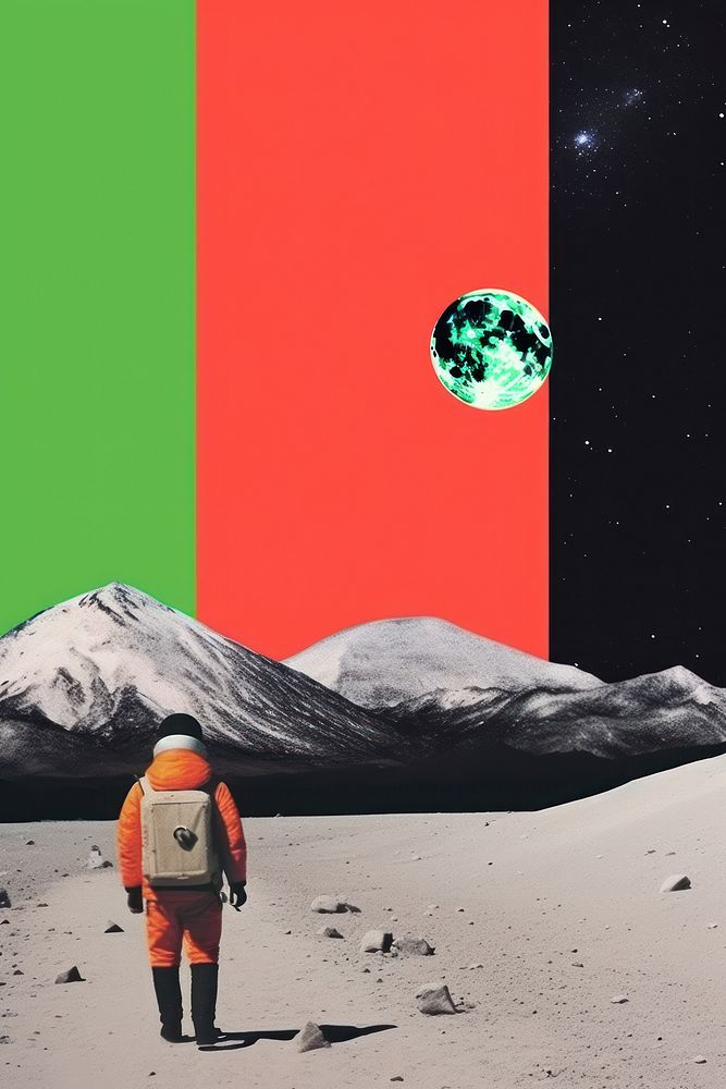 Retro collage of space backpacking clothing outdoors.
