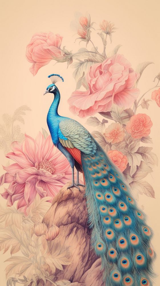Wallpaper peacock painting blossom animal.