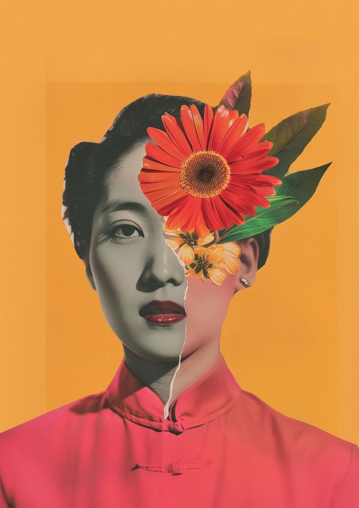 Retro collage of Asian female business leader flower photography asteraceae.