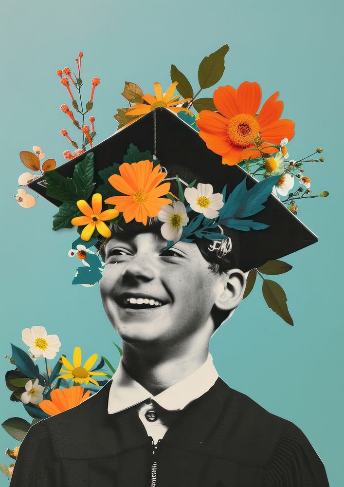 Retro collage of boy graduation flower photography.