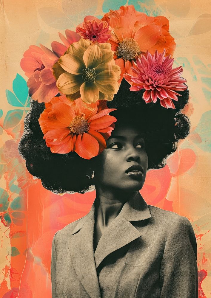 Retro collage of black female business leader flower photography asteraceae.
