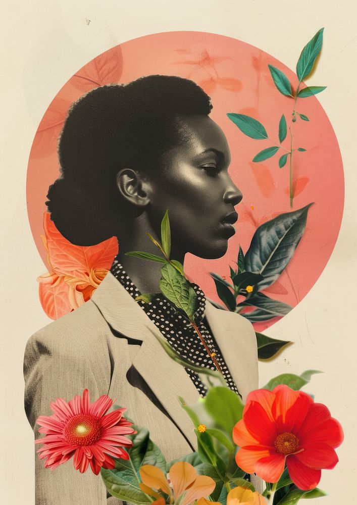 Retro collage of black female business leader flower photography accessories.