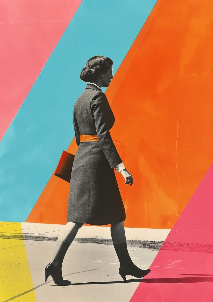 Retro collage of business woman walking accessories accessory clothing.