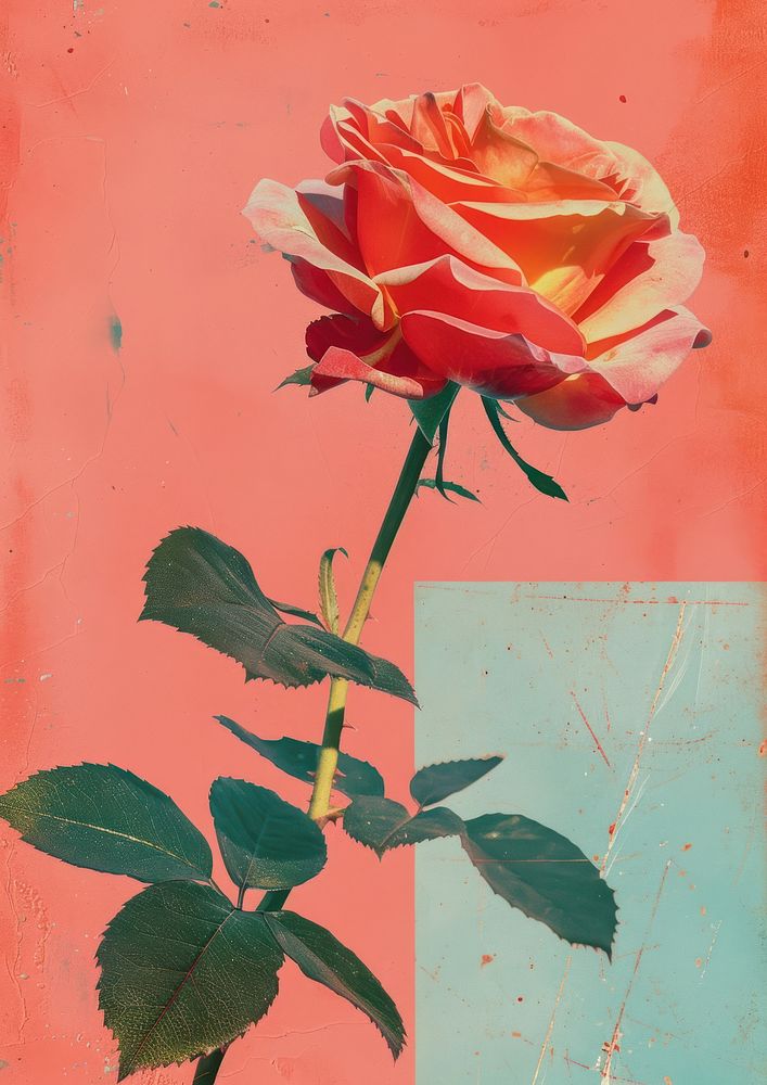 Retro collage of rose blossom flower plant.