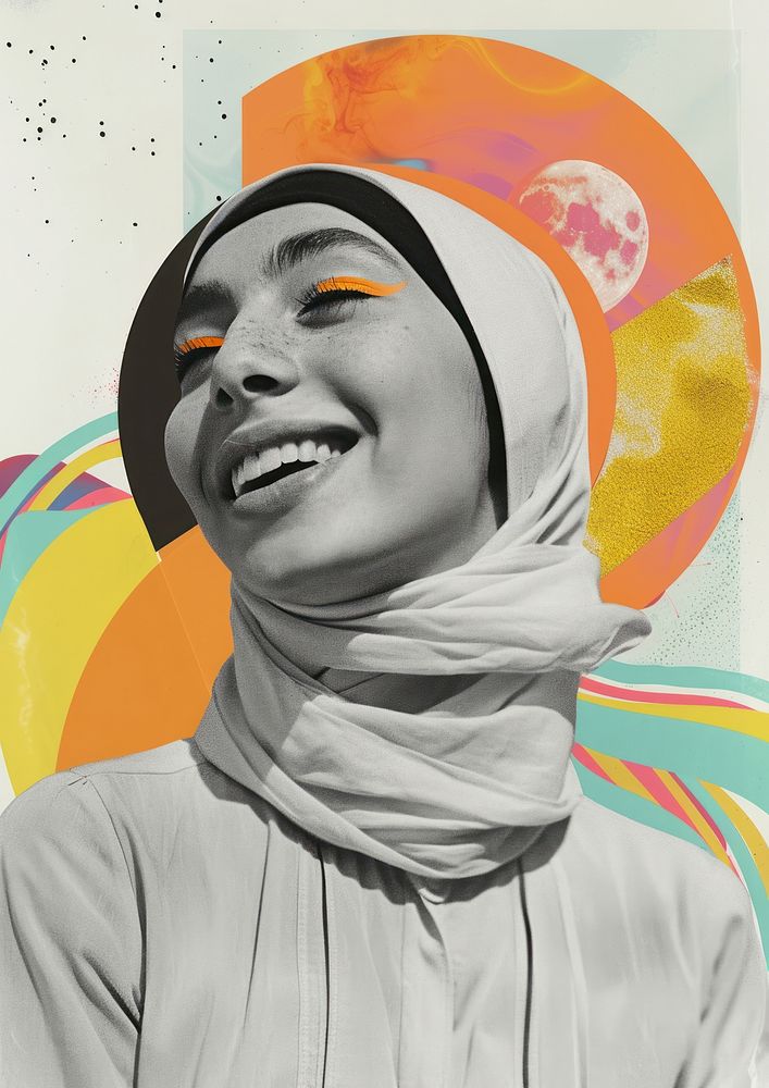 Retro collage of woman smile photography illustrated.
