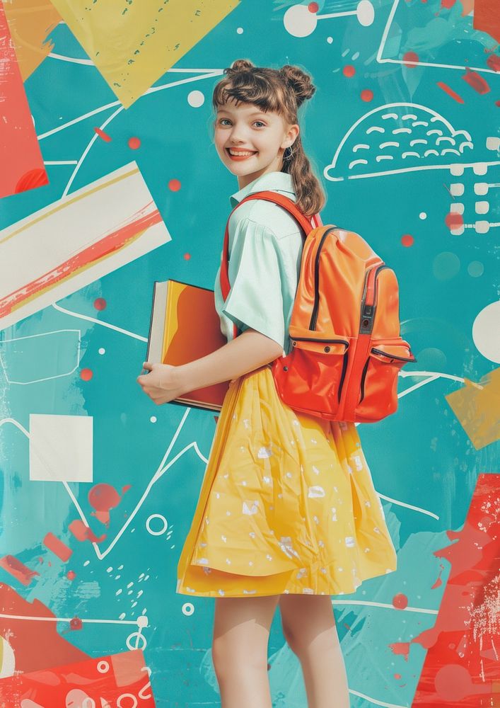 Retro collage of young girl backpack happy smile.