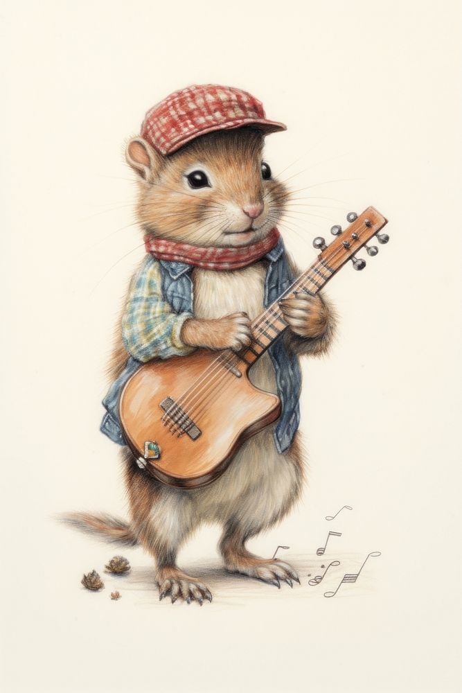 A cute animal character playing music instrumental mammal rodent guitar.