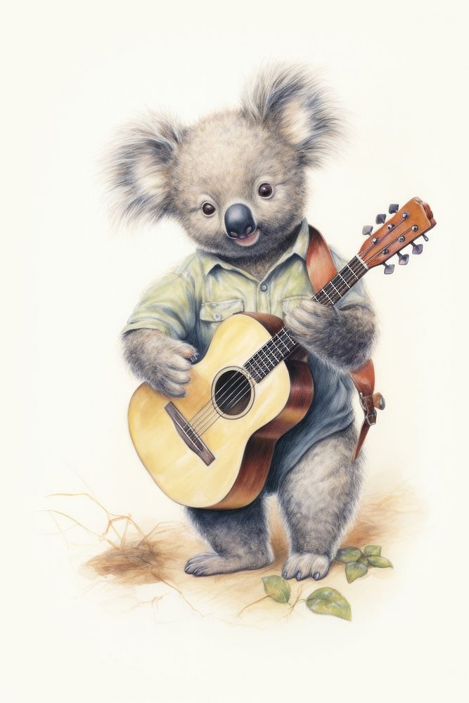 A cute animal character playing music instrumental wildlife guitar mammal.